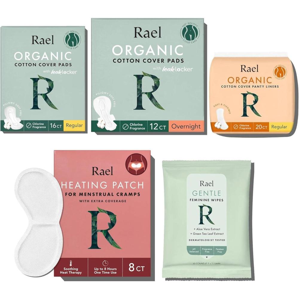 imageRael Period Essential Bundle Organic Cotton Cover Regular amp Overnight Pads Regular Liners Flushable Feminine Wipes and Herbal Heating Patch Extra Coverage
